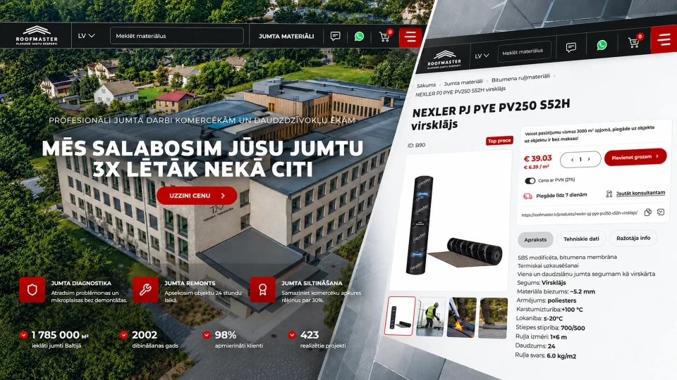 Roofmaster daudzvalodu B2B mājaslapas un produktu kataloga izstrāde Baltijas tirgum